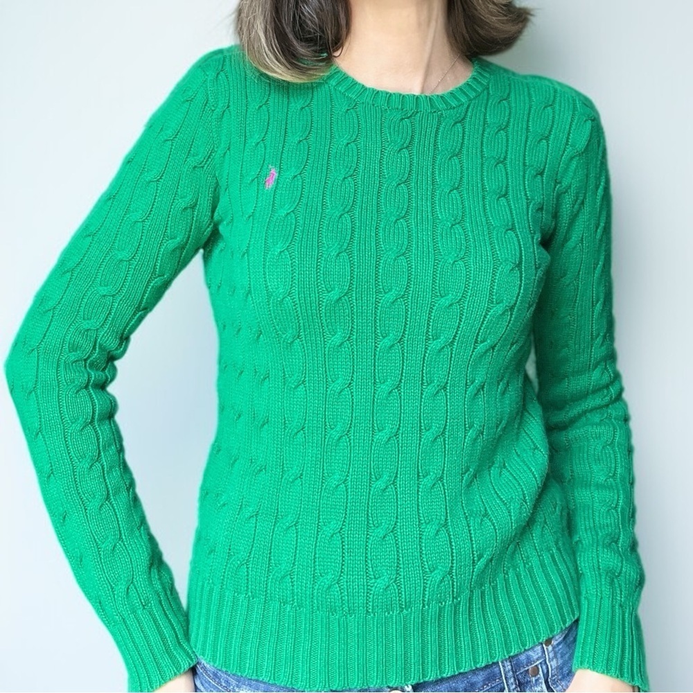 Ralph Lauren Classic Emerald Green Cable Knit Crew Neck Sweater Preppy XS Vtg 90